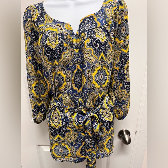 Ann Taylor Blue and Gold Tie Front Blouse - Picture 1 of 8